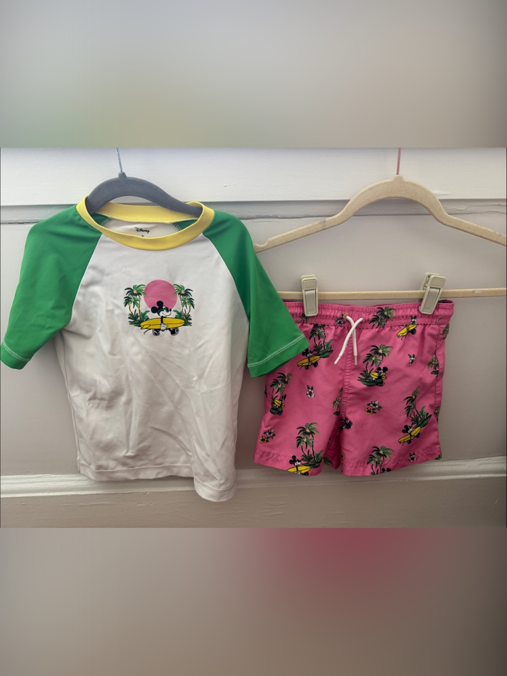 Janie & Jack Disney Mickey Tropical Rash Guard Set - Green, Yellow & Pink Size 3